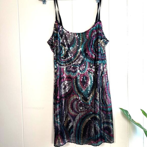Free People Intimately Psychedelic PVC Sequins Slip Mini Party Dress Large - Picture 1 of 7